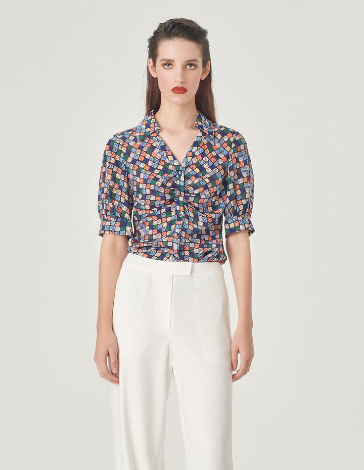 MARYLING V-Neck Shirt Silk Printed Top