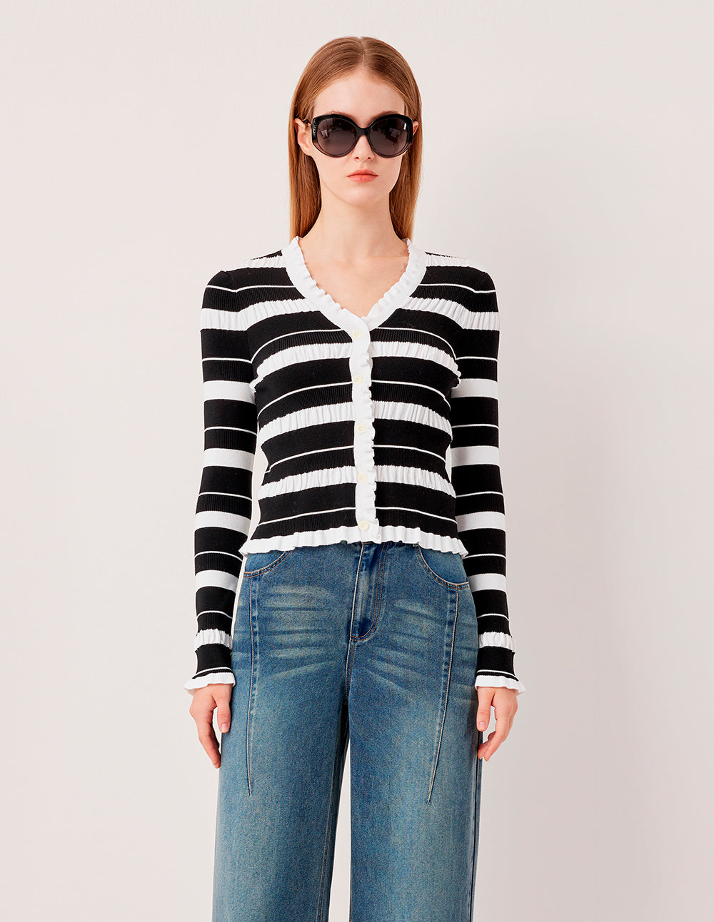 MARYLING V-neck Long-Sleeve Pleated Black And White Striped Contrast knitted cardigan
