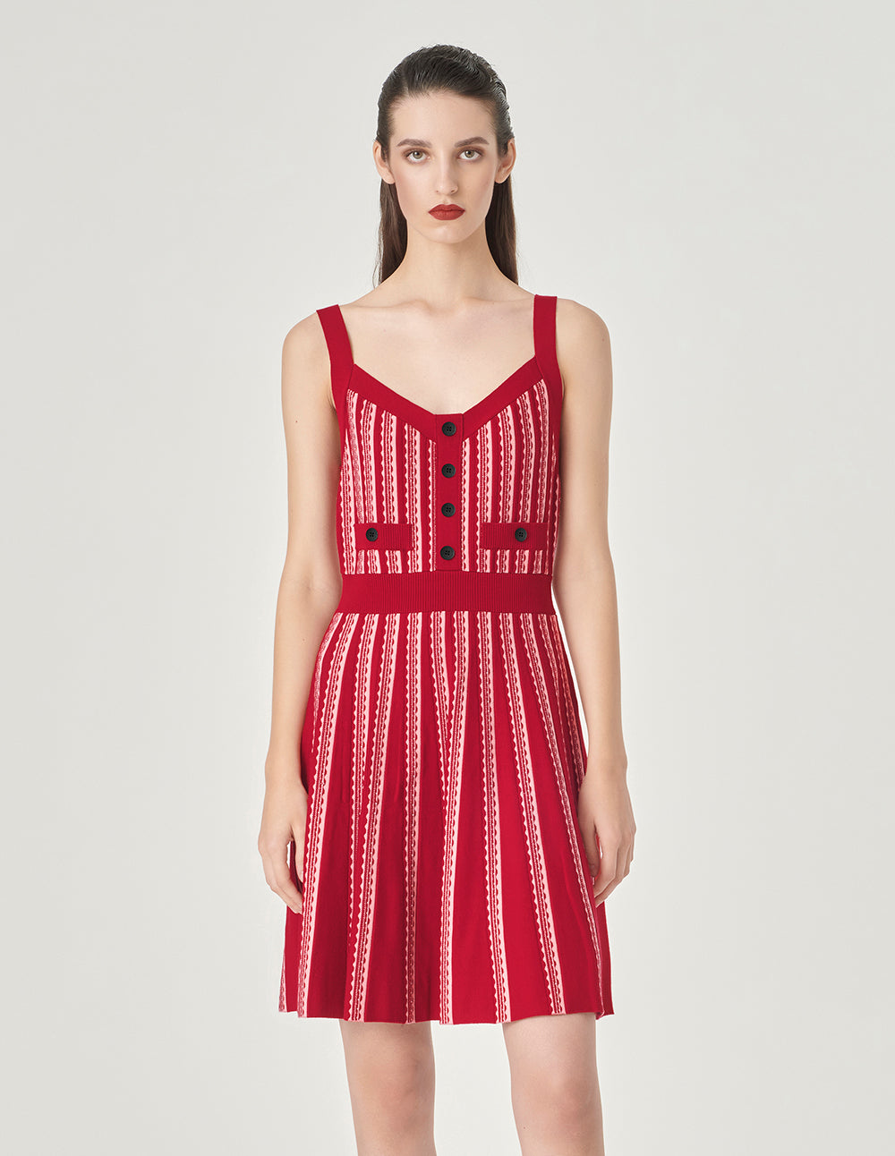 MARYLING Colour Block Strappy Knitted Red Slip Dress