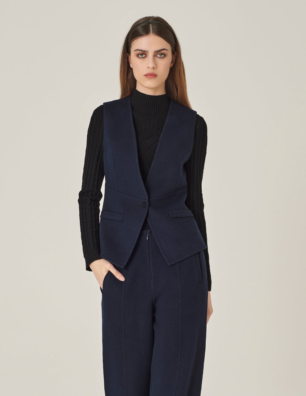 MARYLING Dark Blue V-Neck Double-Sided Woolen Vest