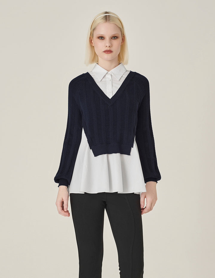 MARYLING Blue A& White Long-Sleeve Patchwork Knitted Blouse