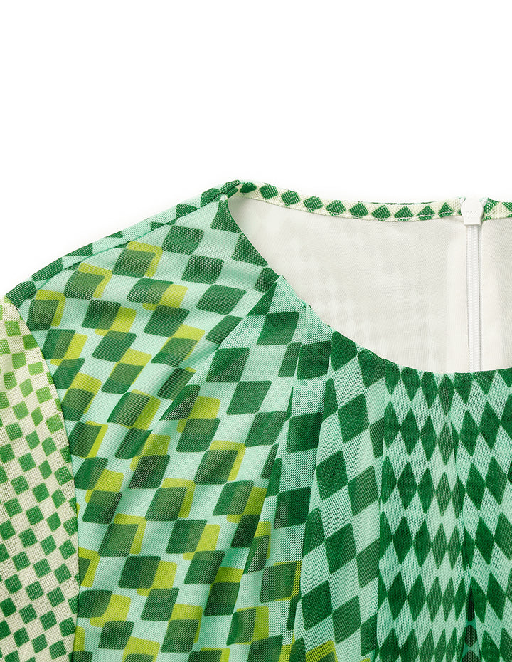 MARYLING Round-Neck Long-Sleeve Grid Print Midi Dress