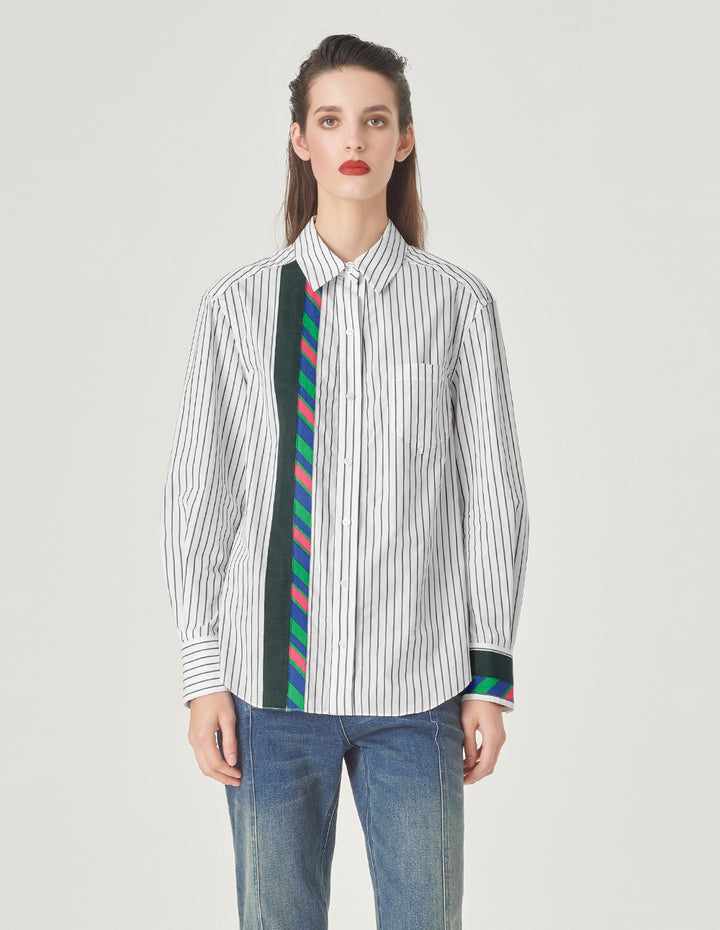 MARYLING Pinstriped Colorful Webbing Cotton Blouse