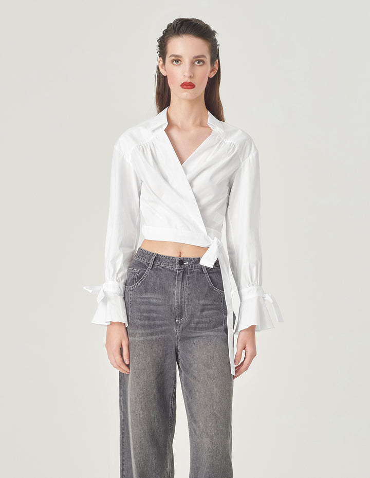 MARYLING V-Neck Cross Strap White Blouse