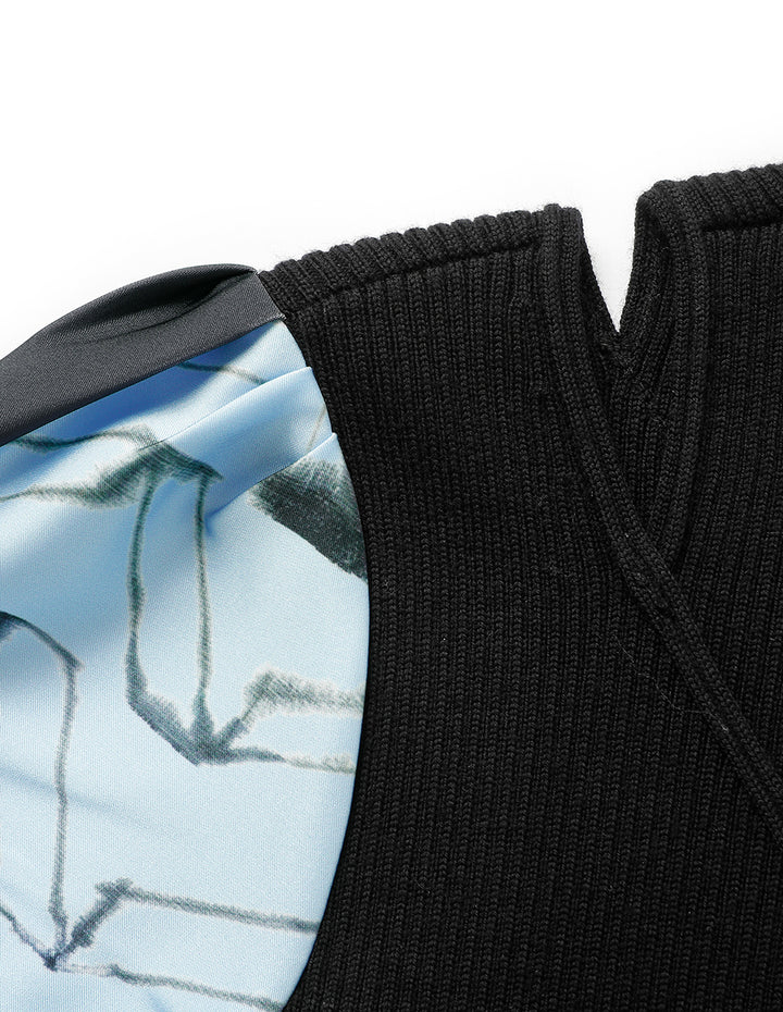 MARYLING High-Neck Shoulder-Cutout Puff-Sleeve Printed Patchwork Knitted Midi Dress