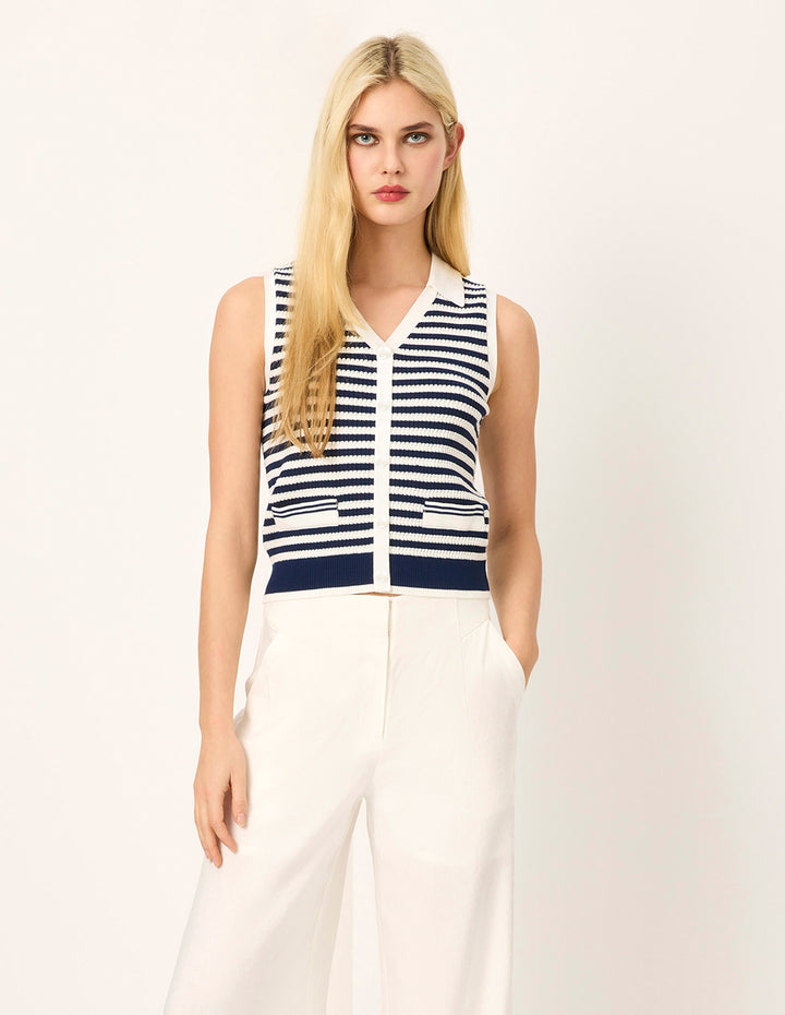 MARYLING Collared Sleeveless Striped Knit Vest