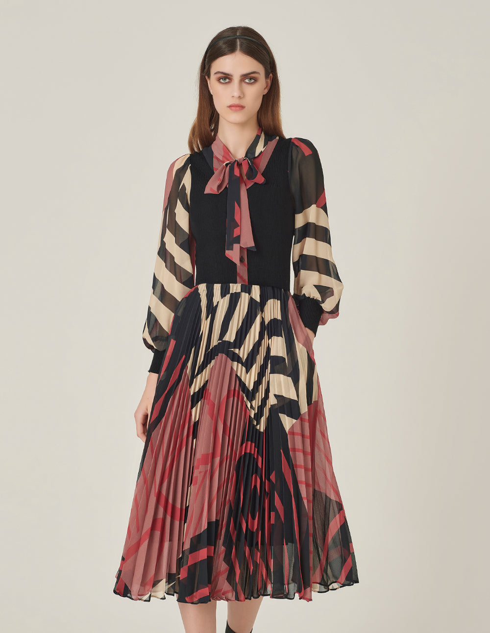 MARYLING Knitted Patchwork Printed Shirt Dress