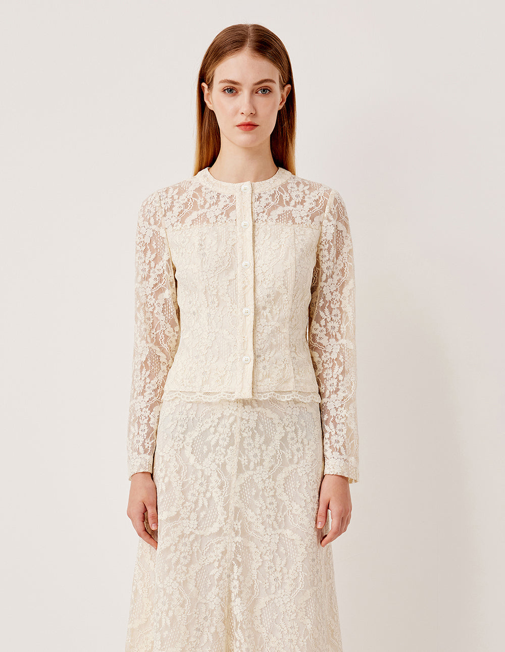 MARYLING Round Neck Lace Embroidered Sequin Long Sleeve Top