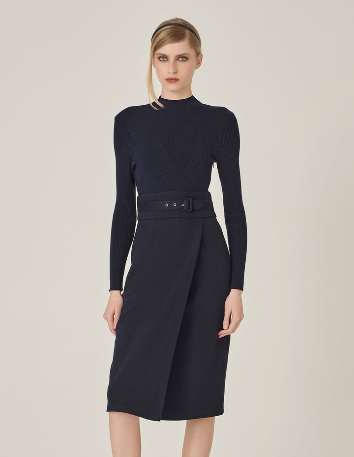MARYLING Crew-Neck Long Sleeve Patchwork Sheath Slits Midi Knitted Wool Dress