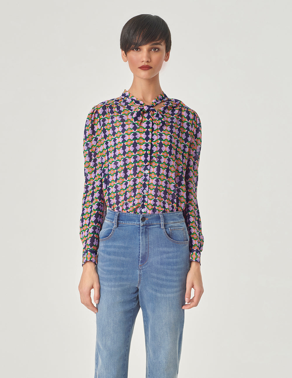 MARYLING Checked Georgette Print Long Sleeve Blouse