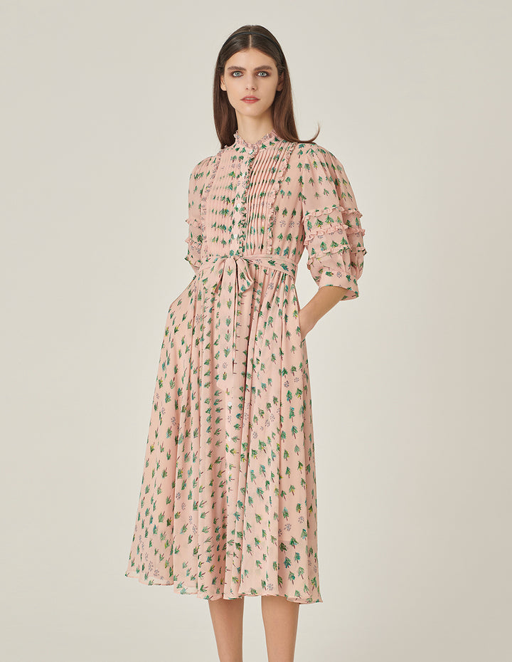 MARYLING Small Stand Collar Puff Sleeve Tree-Printed Dress