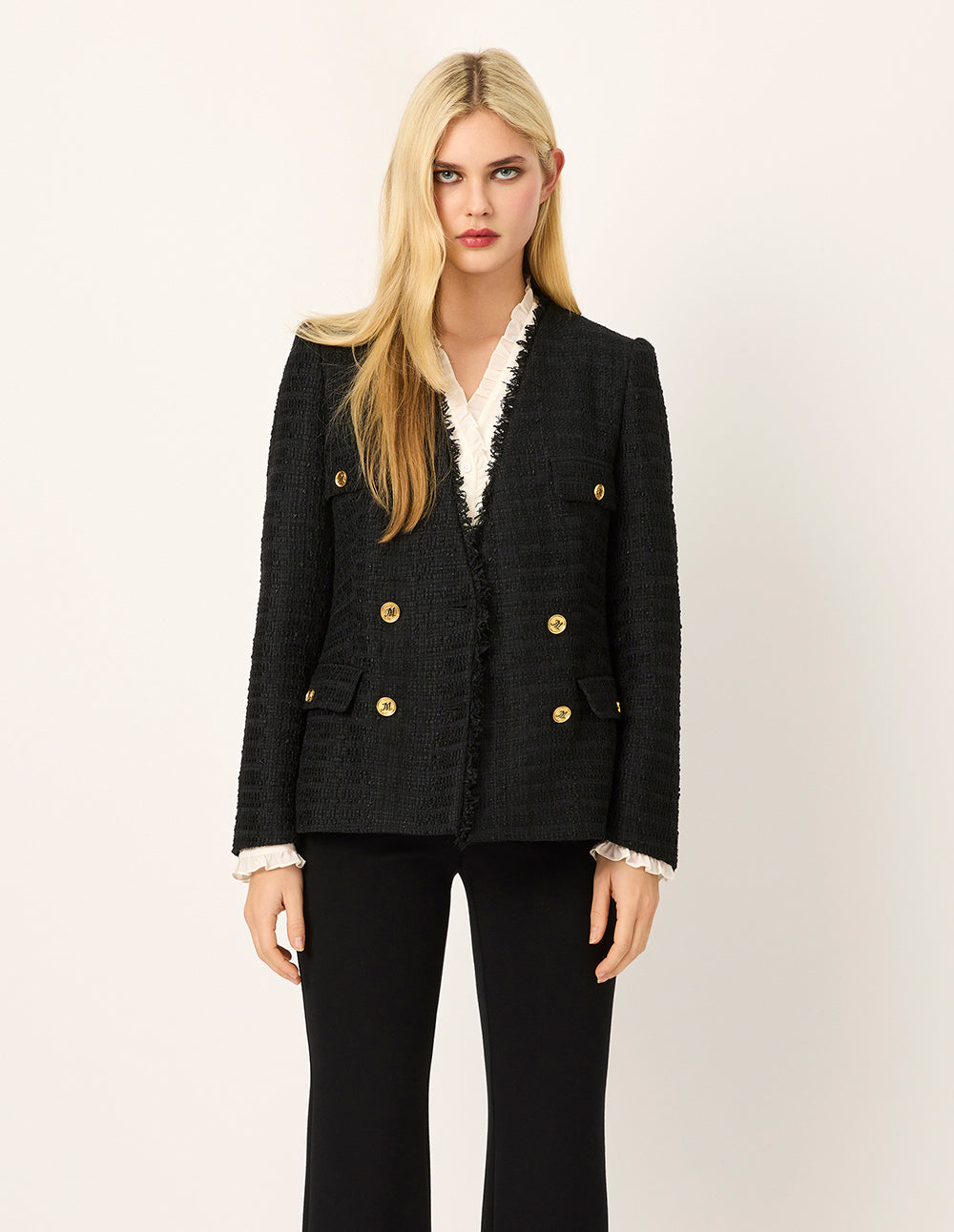 MARYLING Peaked Lapel Double-Breasted Tweed Blazer