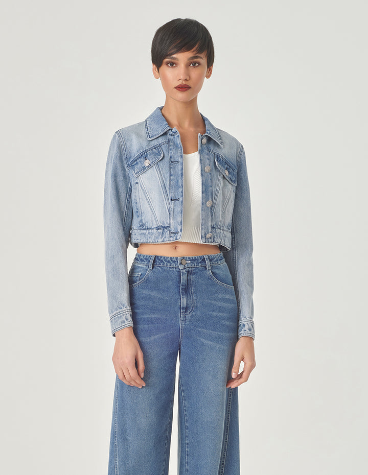 MARYLING Cropped Wash Blue Denim Jacket