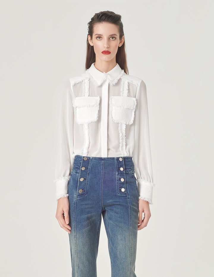 MARYLING White Frayed Edge Georgette Shirt Collar Blouse