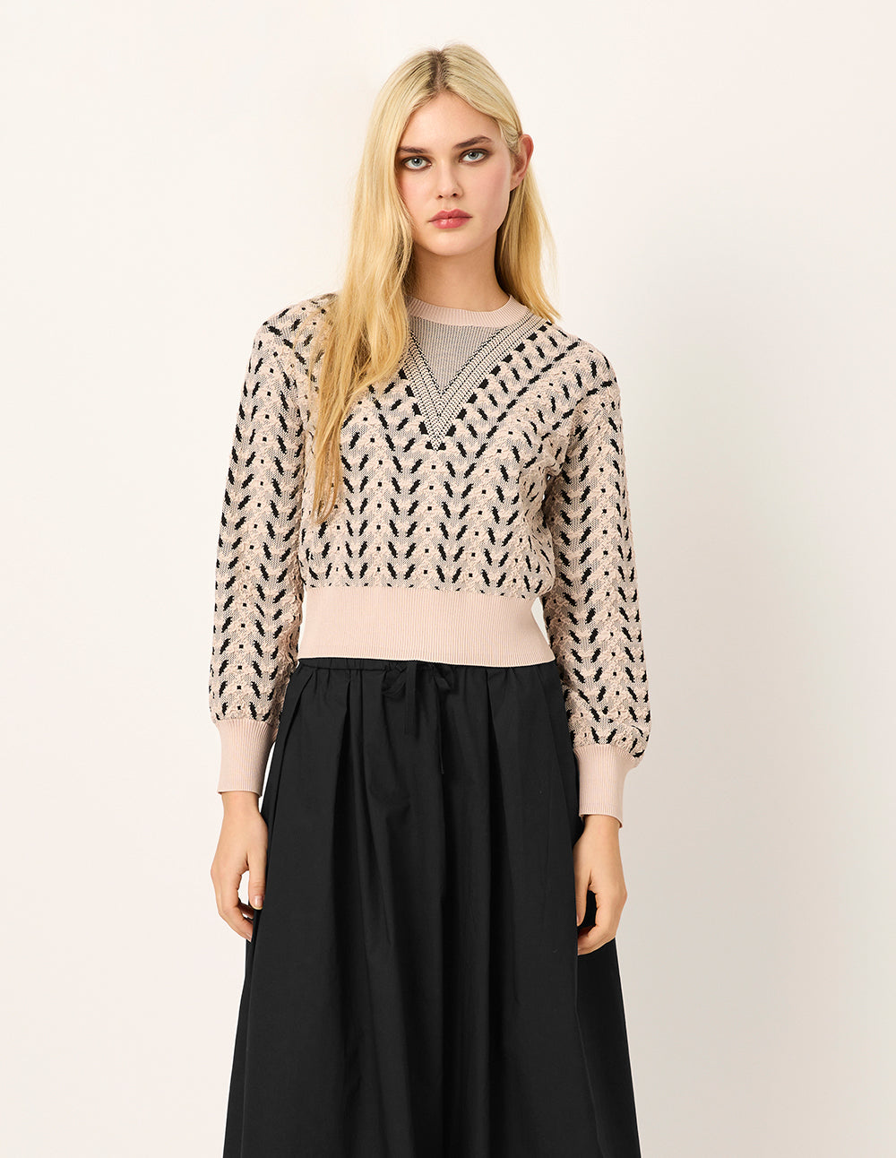 MARYLING Round Neck Bubble Sleeve Printed Cropped Knit Sweater