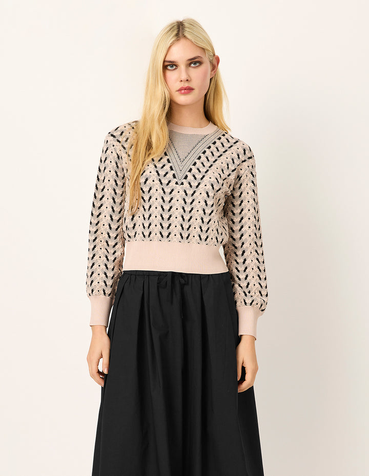 MARYLING Round Neck Bubble Sleeve Printed Cropped Knit Sweater