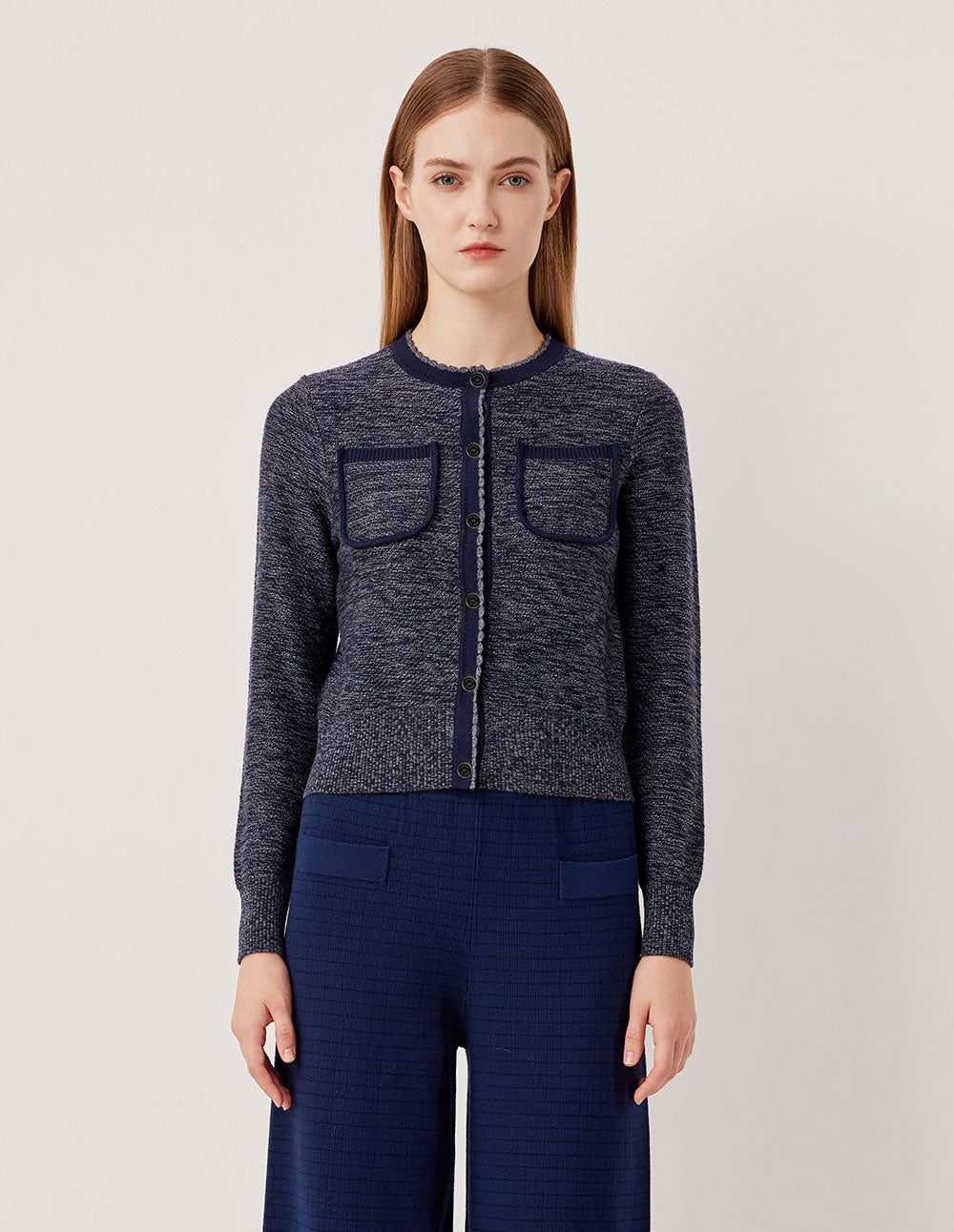 MARYLING Round Neck Ribbed Variegated Blue Wool Cardigan