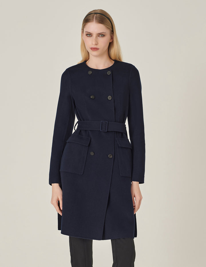 MARYLING Dark Blue Collarless Double-Breasted Coat
