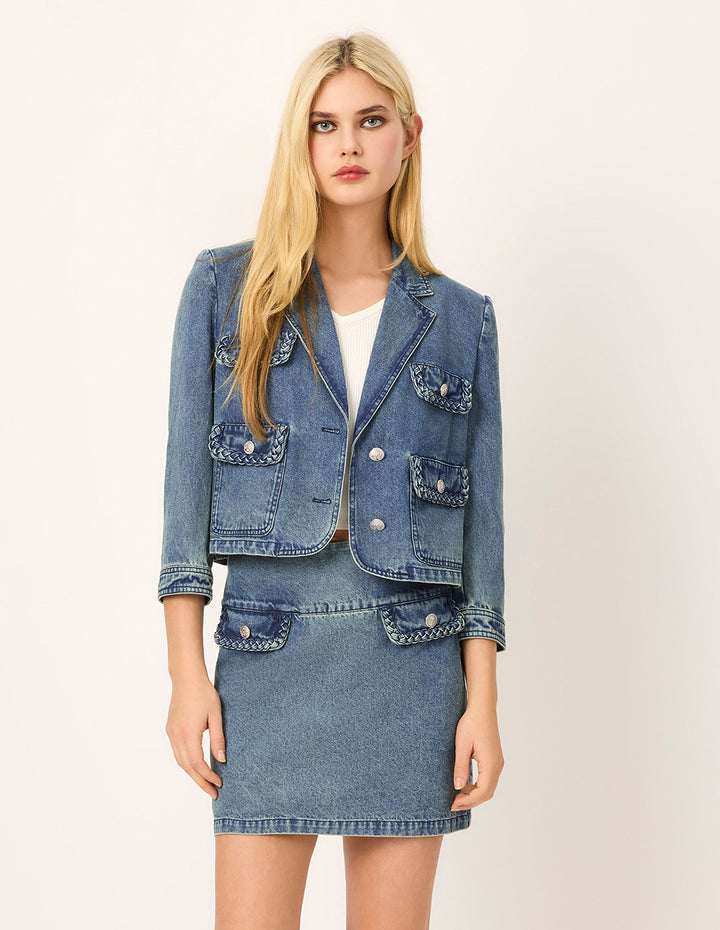 MARYLING Peaked Lapel Long-Sleeved 4-Pockets Wash Denim Jacket