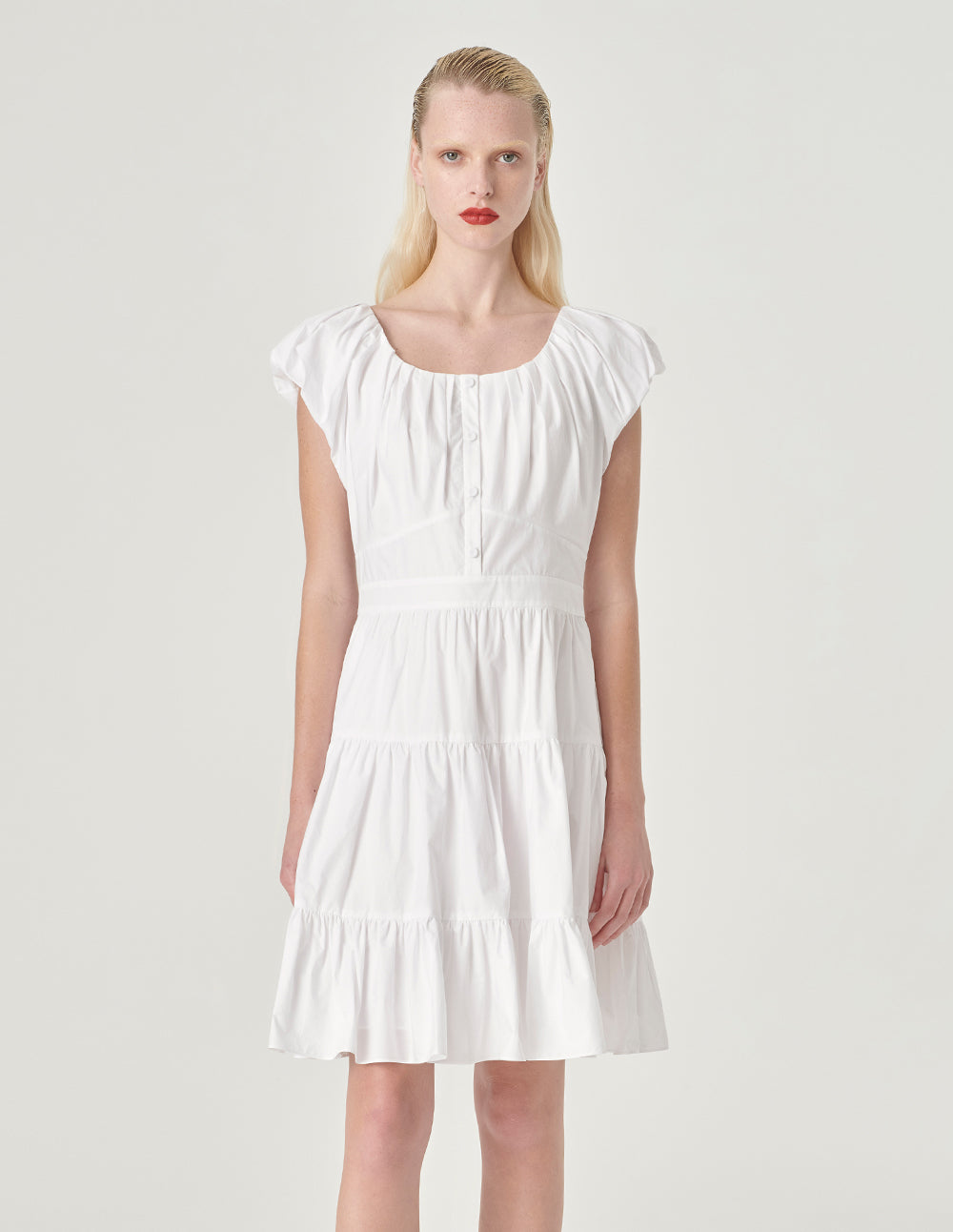 MARYLING Puff Sleeve Pleated Cotton Dress
