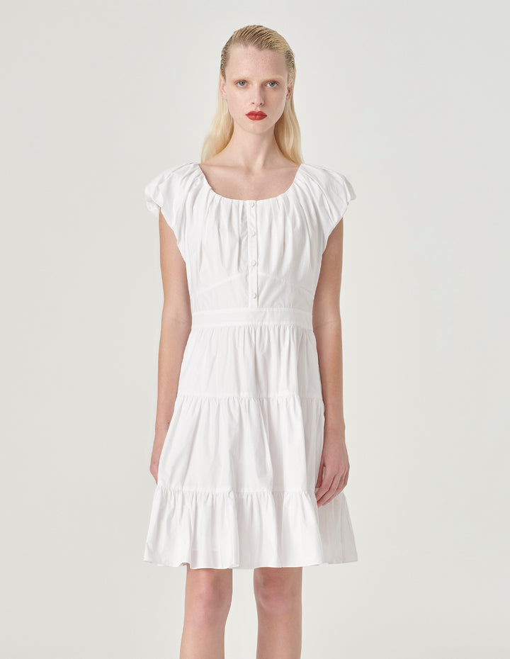 MARYLING Puff Sleeve Pleated Cotton Dress