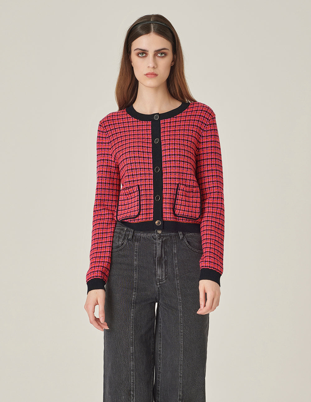 MARYLING Crew-Neck Plaid Long-Sleeve Cropped Tweed Knitted Cardigan