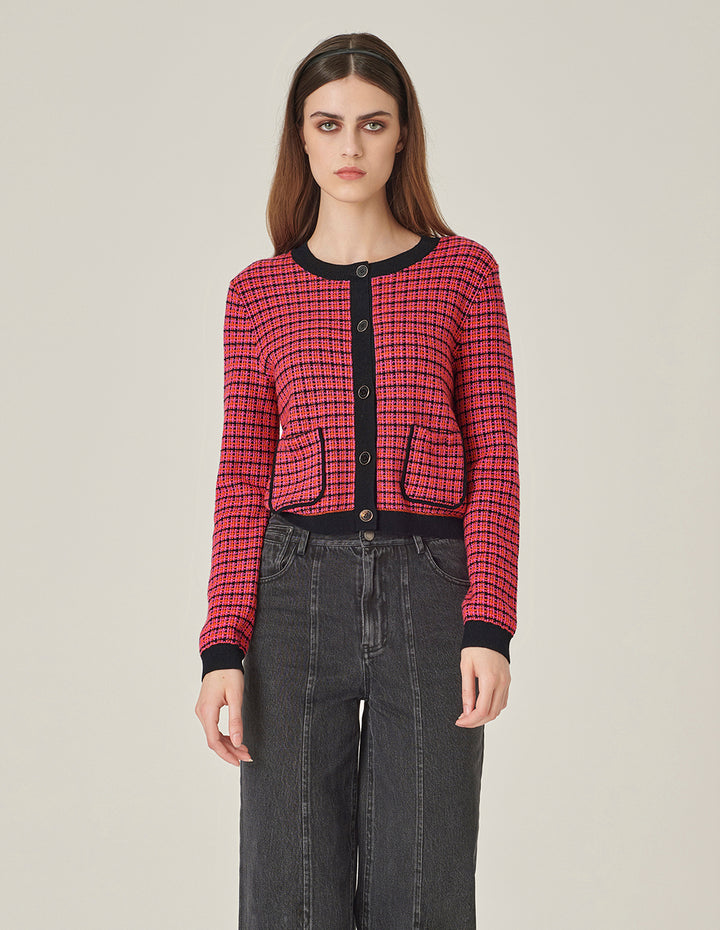 MARYLING Crew-Neck Plaid Long-Sleeve Cropped Tweed Knitted Cardigan