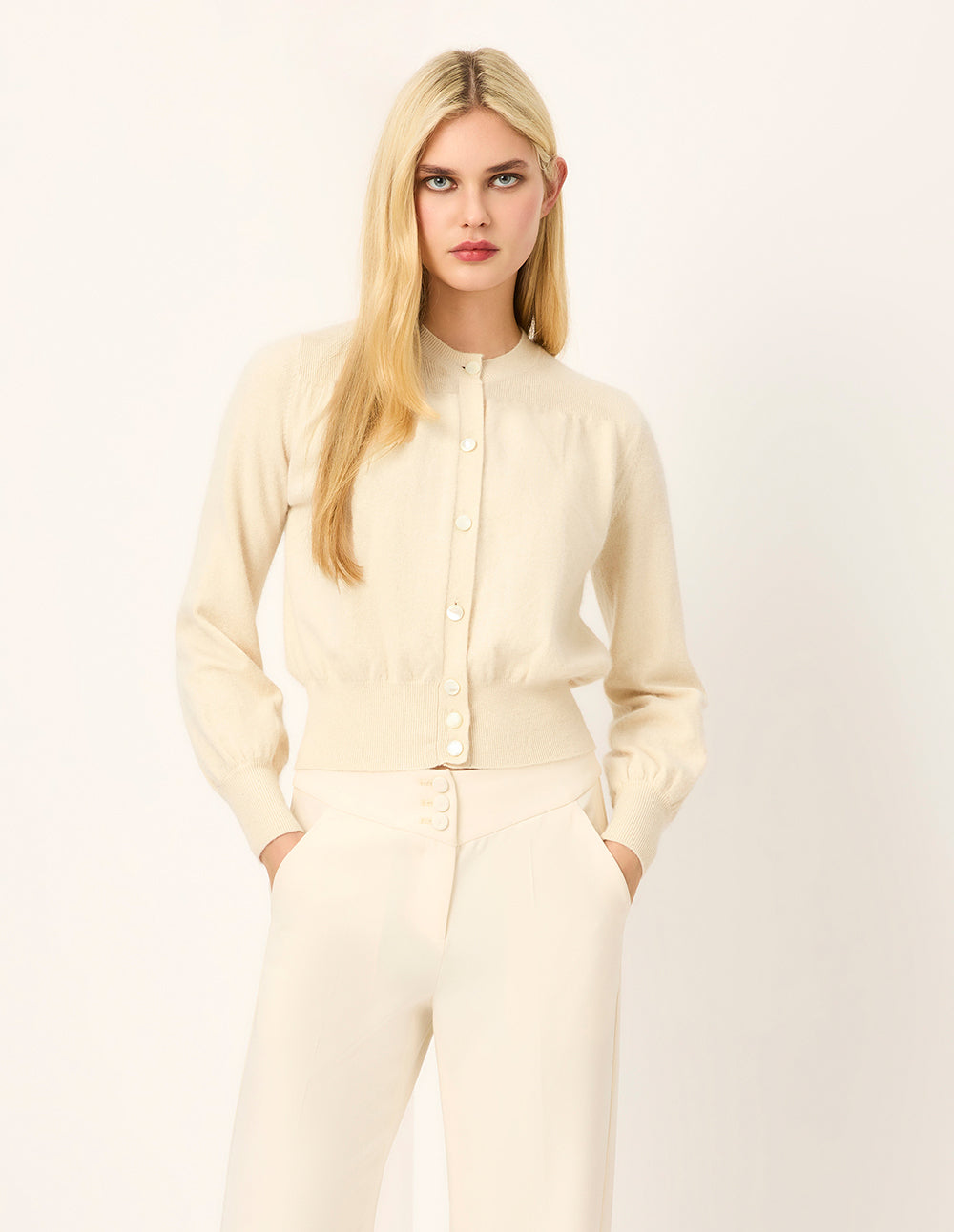 MARYLING Cream Mandarin Collar Fitted Knit Cardigan