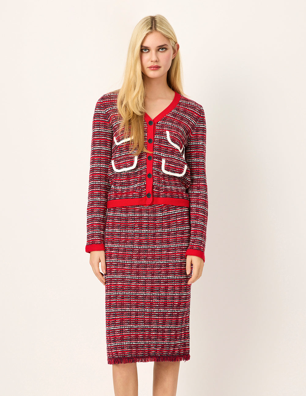 MARYLING V-Neck Red & White Checkered Tweed Multi-Pockets Knit Cardigan