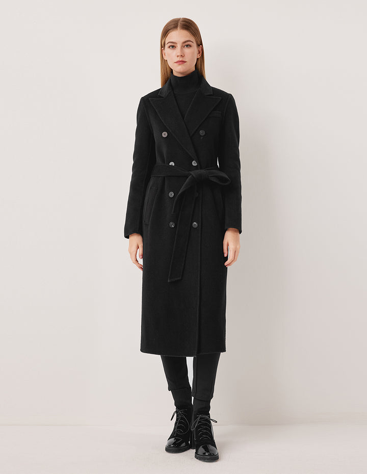 MARYLING Notched Lapel Structured Shoulder H-Line Double-Breasted Black Long Cashmere Coat