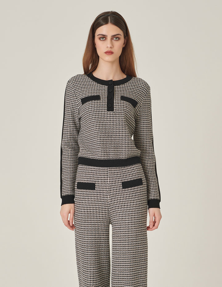 MARYLING Round-Neck Long Sleeve Black And White Houndstooth Knitted Pullover