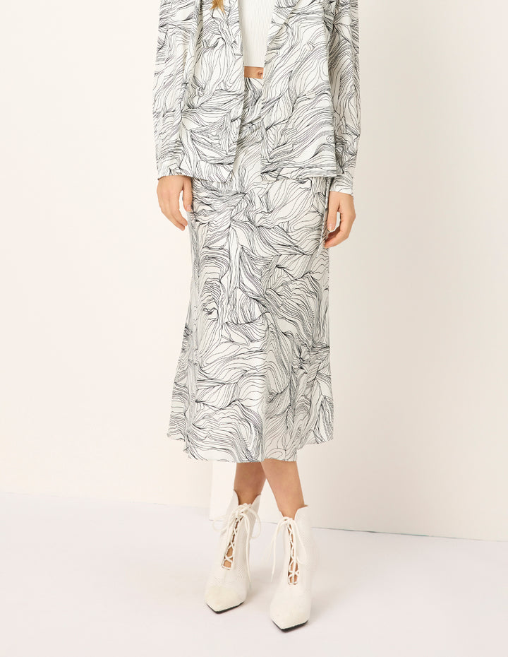 MARYLING Black & White Floral-Print Silk Mermaid Knee-Length Skirt