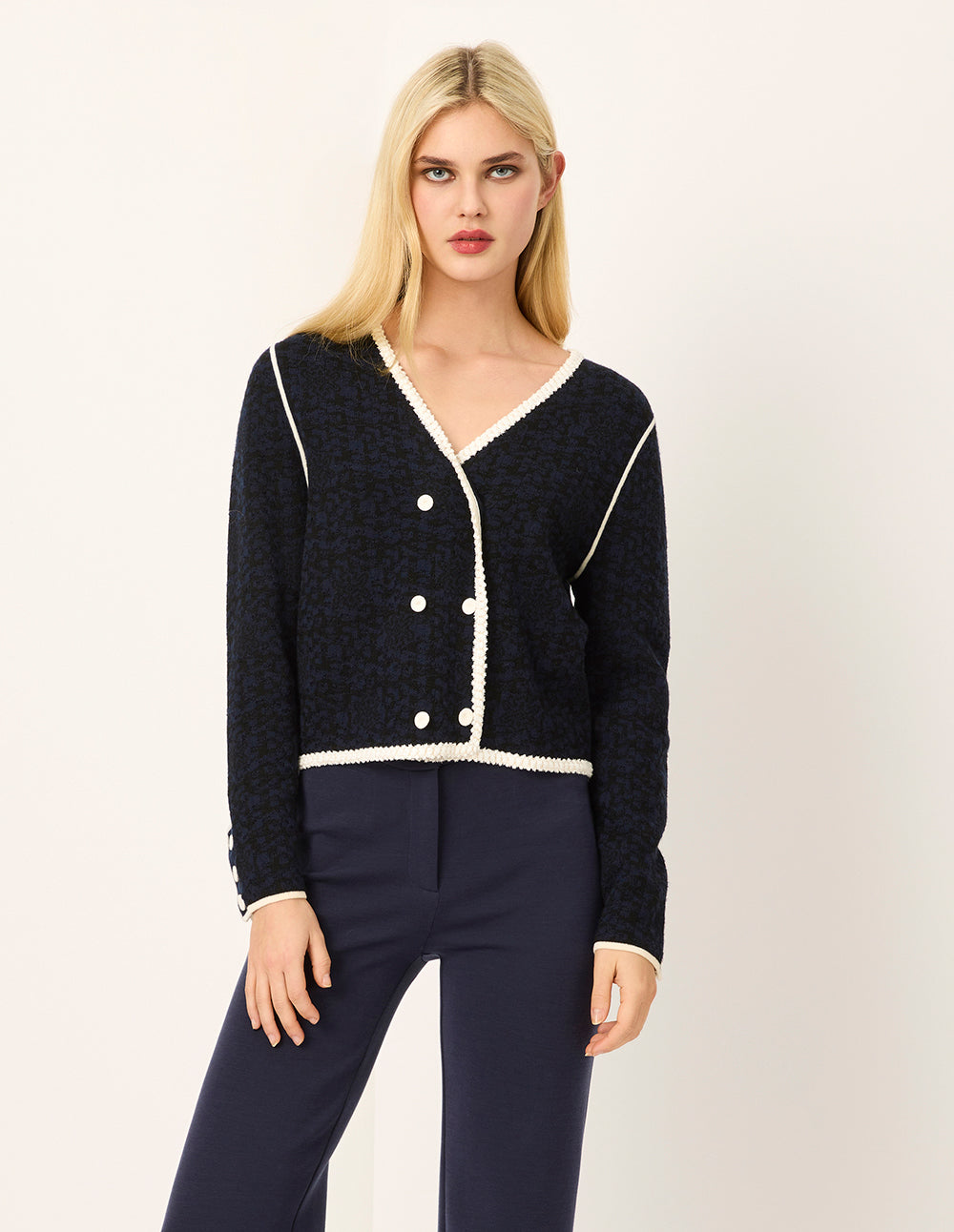 MARYLING V-Neck White Trim Double-Breasted Long-Sleeve Knit Cardigan