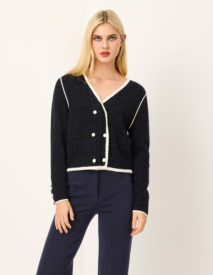 MARYLING V-Neck White Trim Double-Breasted Long-Sleeve Knit Cardigan