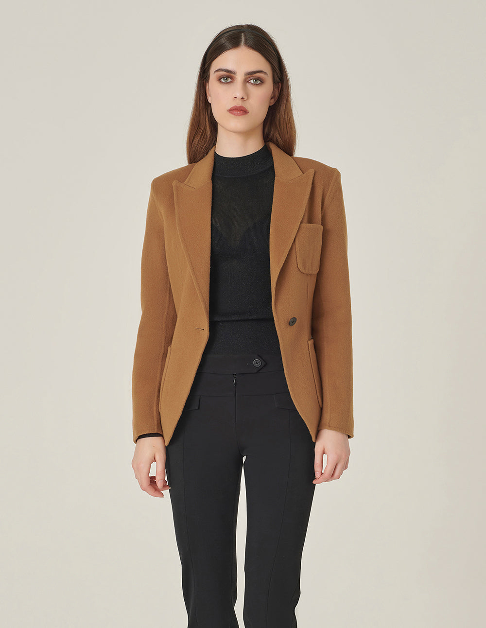MARYLING Camel Wool Double-Faced Lapel Collar Single-Button Blazer