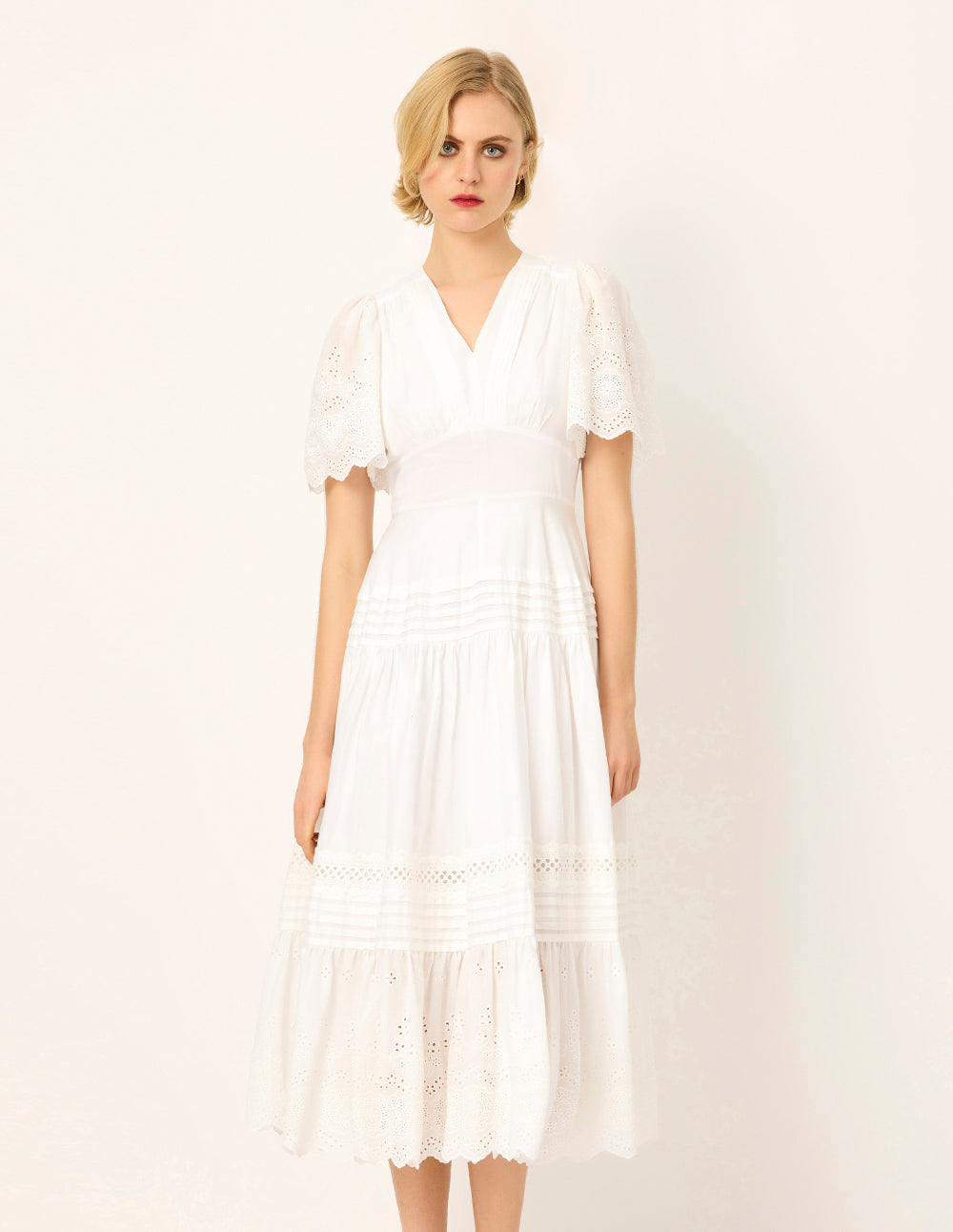 MARYLING V-Neck Short-Sleeve Lace Empire-Waist Flounce Midi Dress