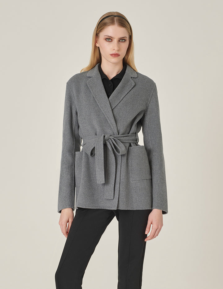 MARYLING Notched Lapel Wrap Belted Double-Faced Wool Coat