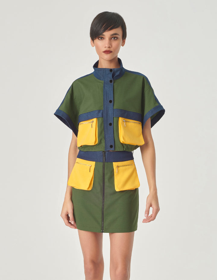 MARYLING Green Denim Patchwork Mini Skirt