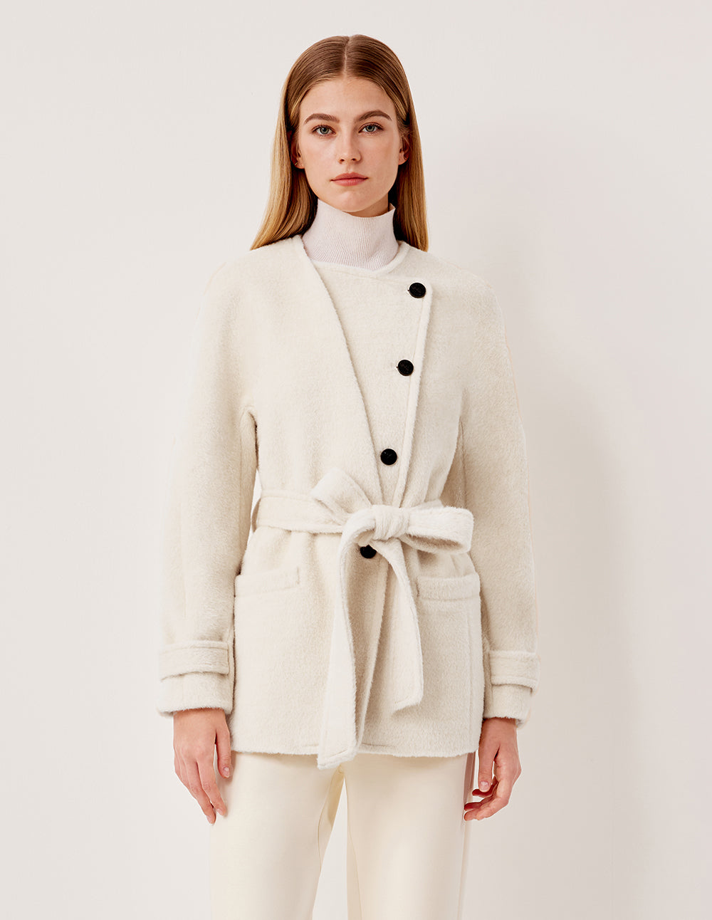 MARYLING Round Neck Asymmetrical Button Alpaca Wool Coat