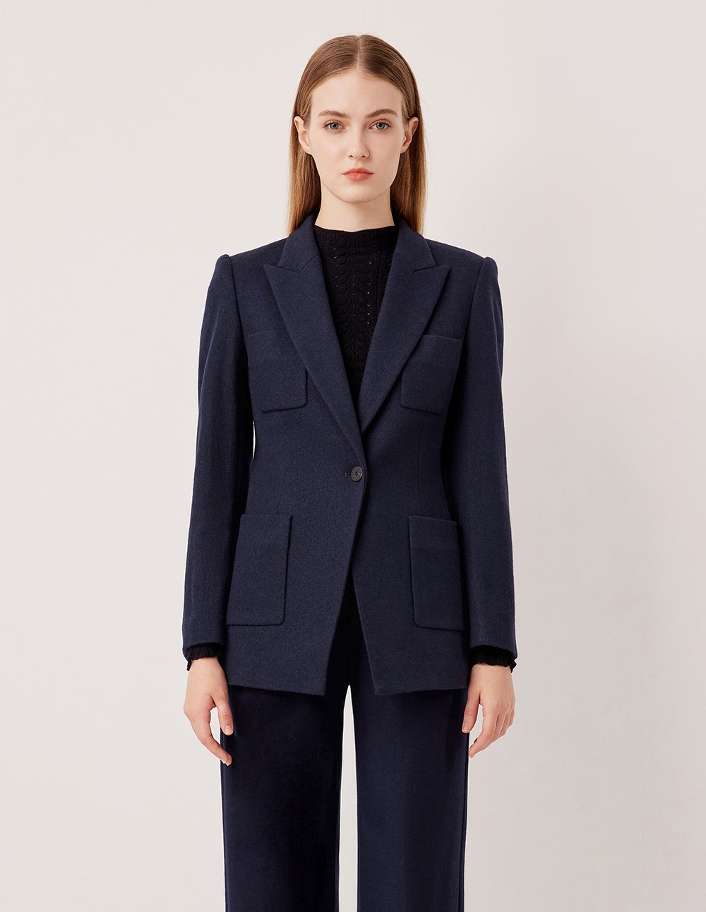 MARYLING Peak Lapel Single-Button Wool Blazer with Structured Shoulders