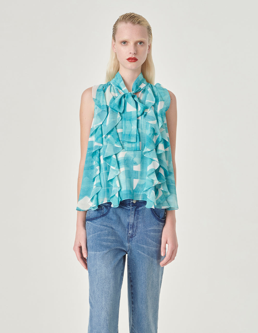 MARYLING Sleeveless Strappy Ruffled Printed Top