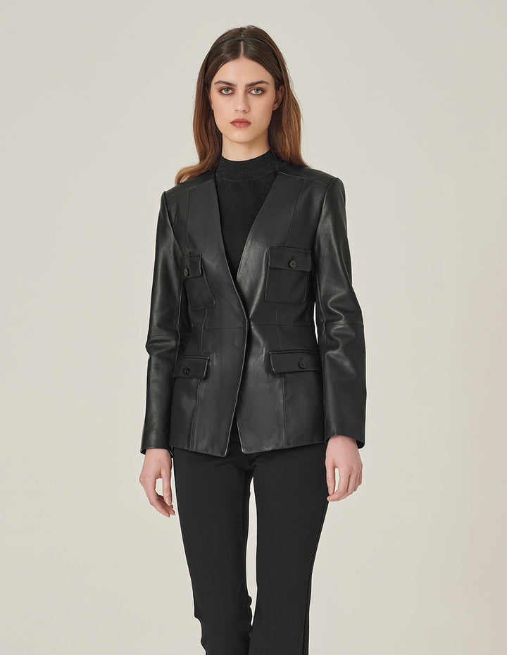 MARYLING Black Collarless Lambskin Blazer With Multiple Pockets