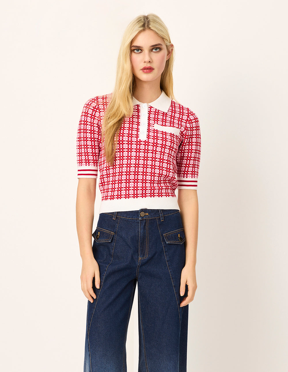 MARYLING Peter Pan Collar Red & White Checkered Short-Sleeves Sweater