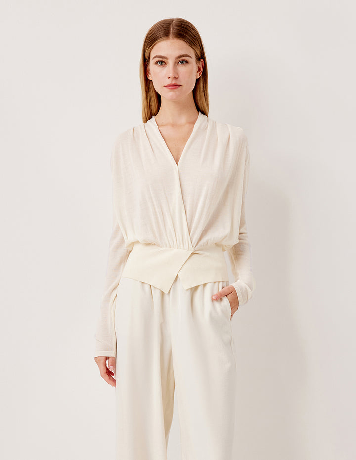 MARYLING V-Neck Long-Sleeved Ruched high-Waist Stretch Wool Knit Pullover