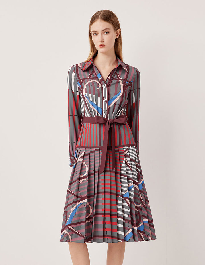 MARYLING Collared Pink-Purple Contrast Abstract Stripe Belted Long Shirt Dress
