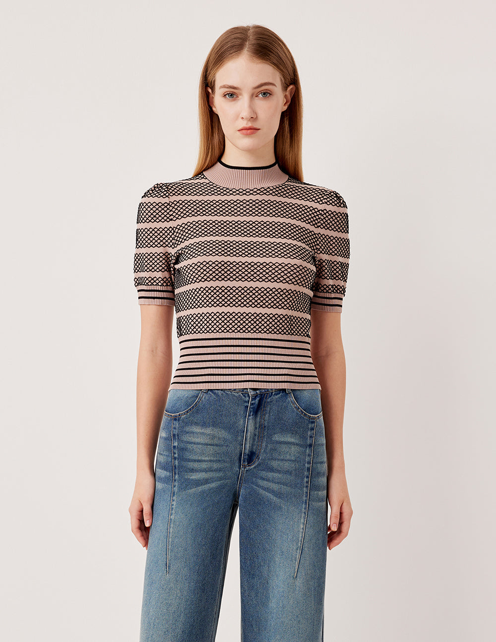 MARYLING Mock Neck Short Sleeve Lace Plaid Knit Pullover