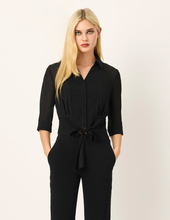 MARYLING Lapel Mid-Sleeve Belted Cropped Top