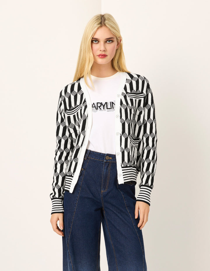 MARYLING Geometric Patterned Jacquard Multi-Pockets Black And White Knit Cardigan