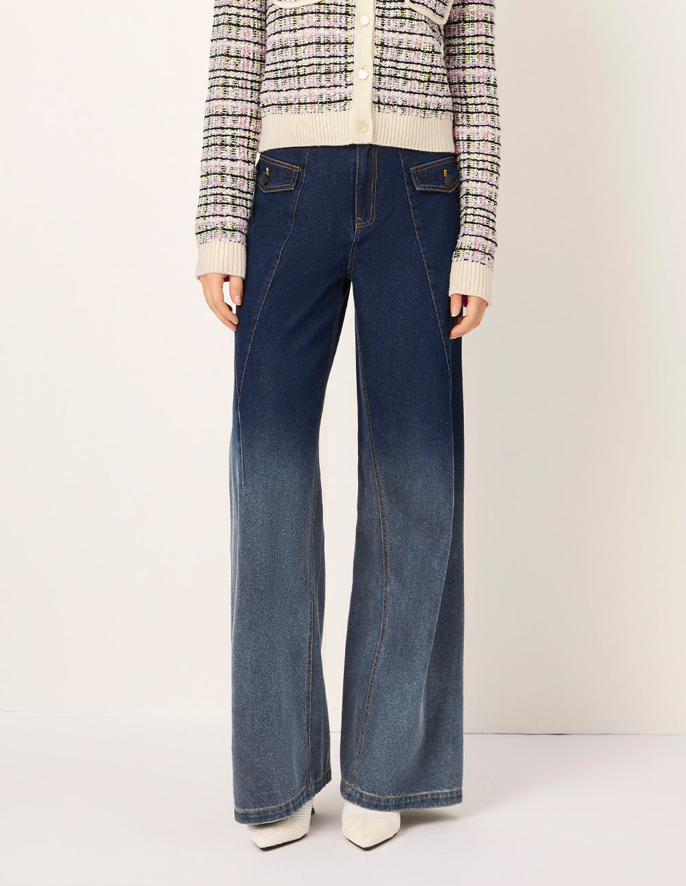 MARYLING Straight Wide-Leg Dark Blue Gradient Washed Denim Pants