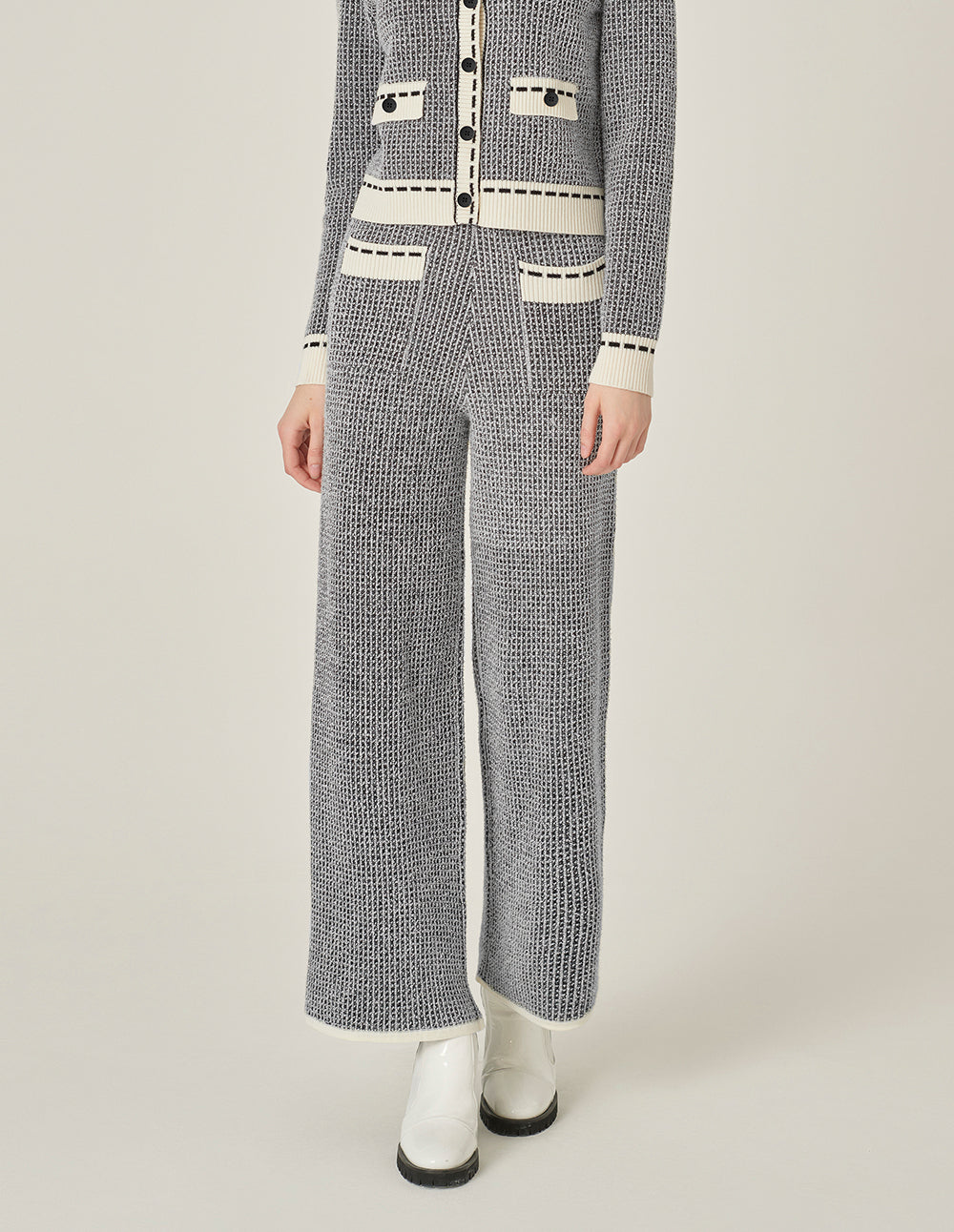 MARYLING Black & White Wool Knitted Wide-Leg Trousers